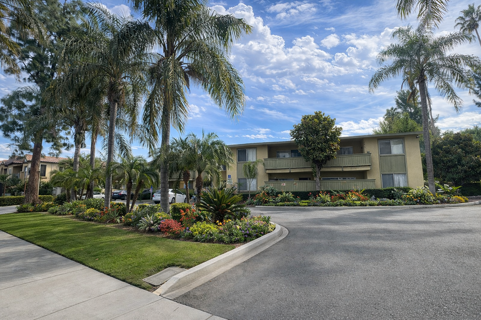 Cozy exterior at Palm Vista surrounded by gorgeous Riverside hills, and classic california greenery