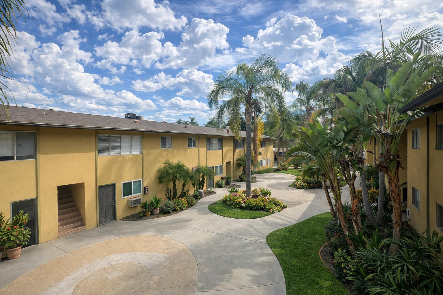 Interior Courtyard at Palm Vista surrounded by Lush greenery and mountain views. 