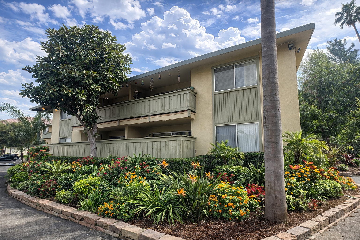 Retro exterior of Palm Vista Apartments surrounded by lush greenery 