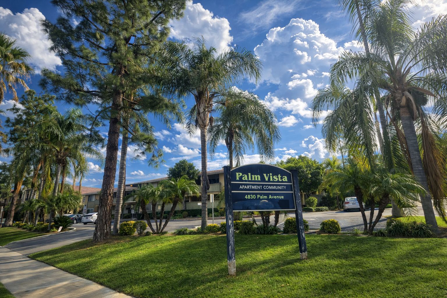 Palm Vista Entrance with Wood Monument, mountain views and tree lined street
