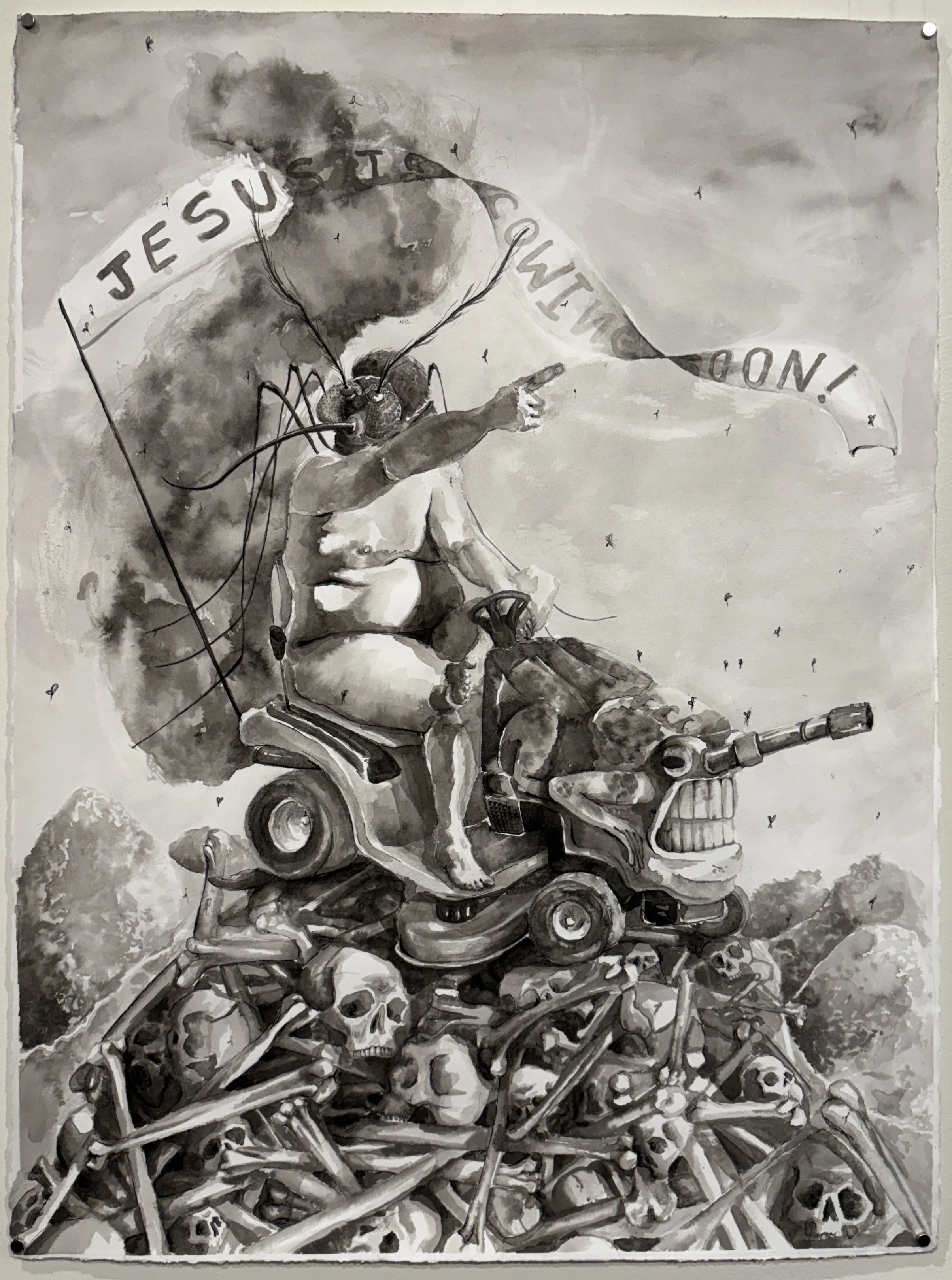 Mosquito Man and his Army of Frog Tanks, 2025 - ink on paper