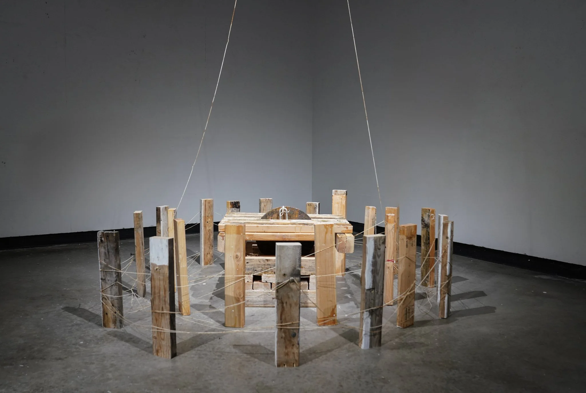 Extended Embrace/Small Structure, 2026 - wood, metal disc, string, wax