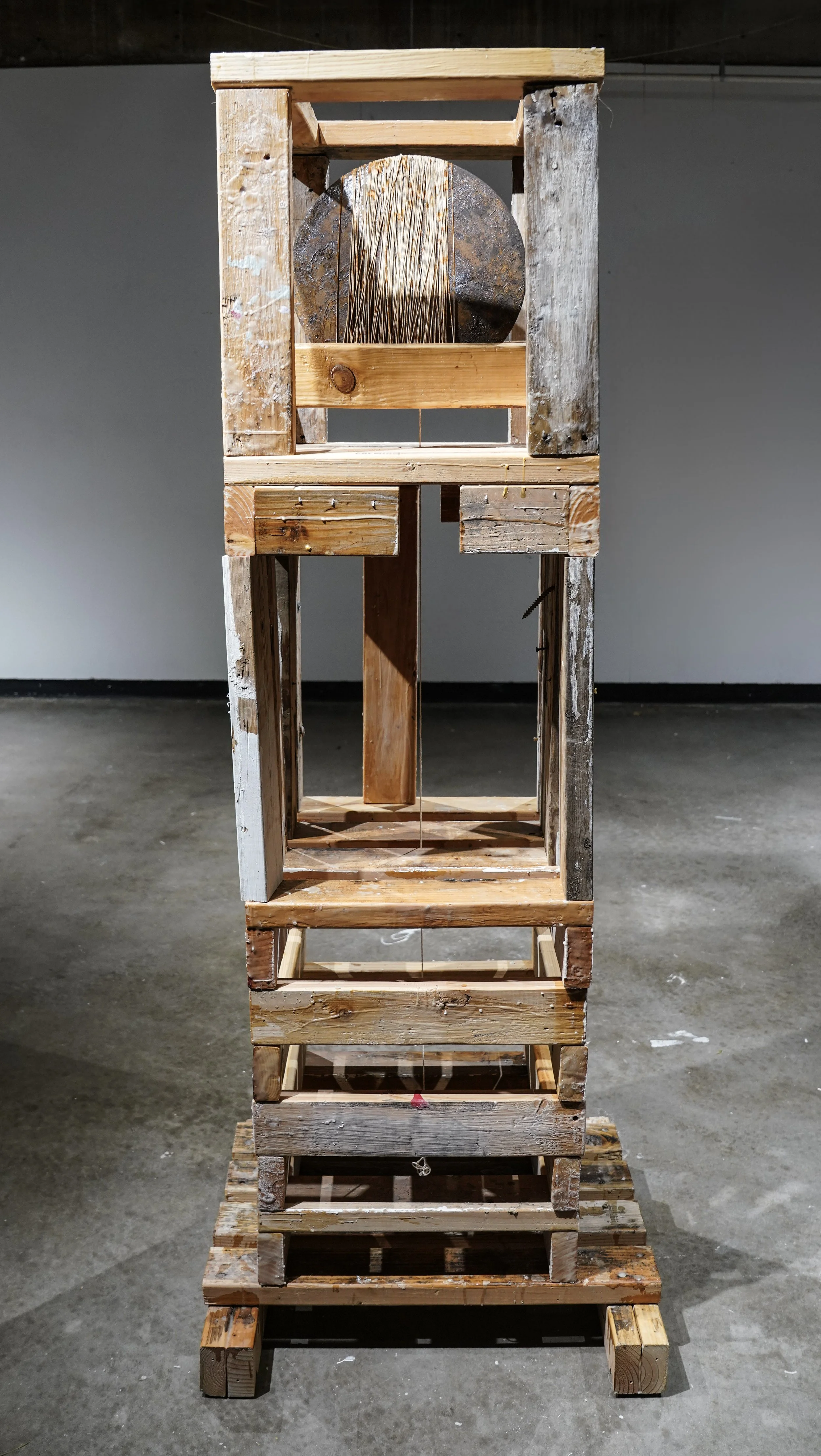 Small Structure/Extended Embrace, 2026 - wood, metal disc, string, wax