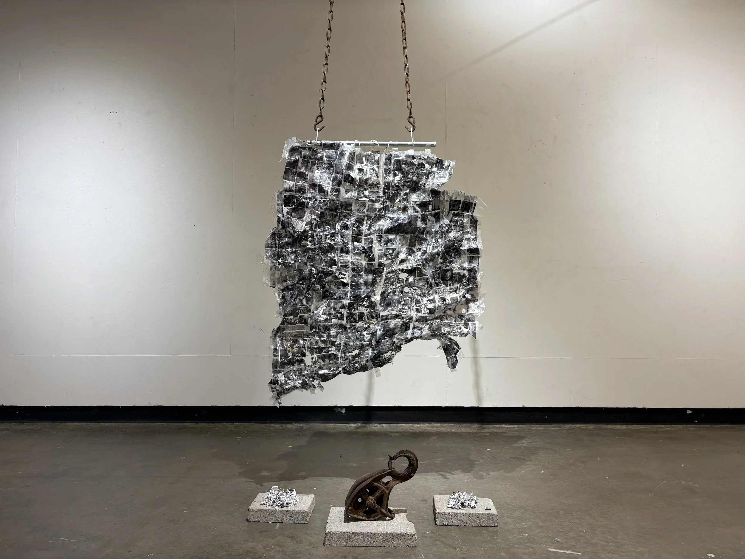 Ambivalence, 2025 - 

photo tape transfers from Democracy Now and New York Times, and NPR journalism photography, wax, chains, pulley, and  paper residue
