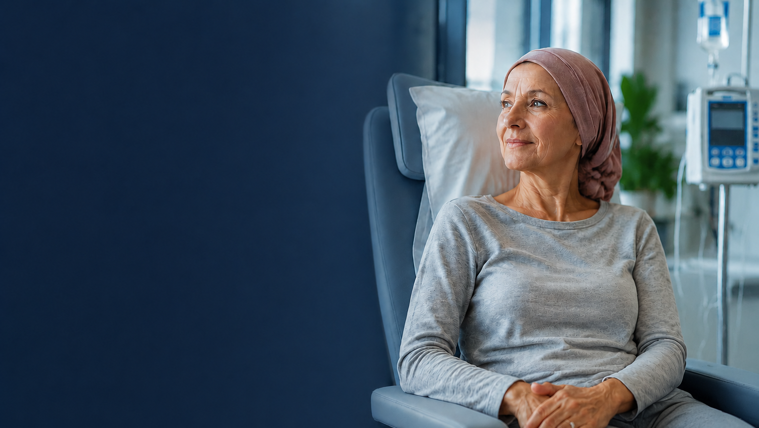 Elderly woman wearing a pink headscarf sitting in a hospital chair with an IV drip in the background.