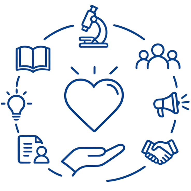 Hand holding a heart surrounded by 7 scientific icons