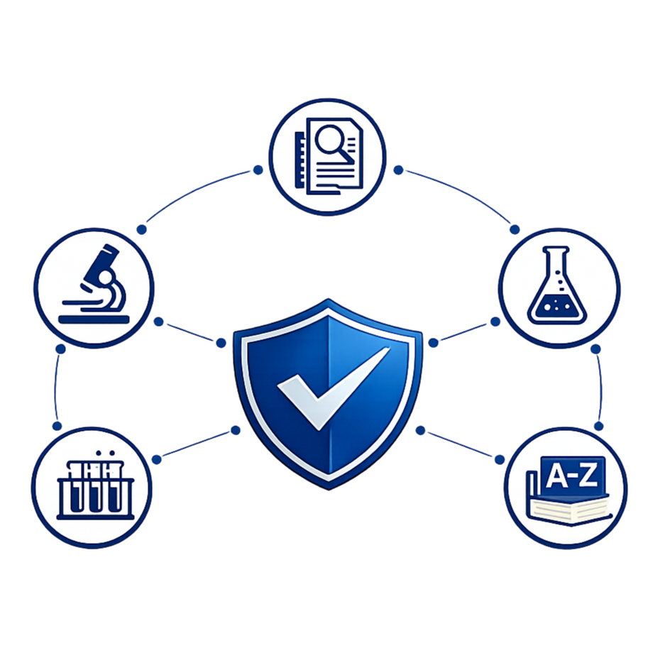 A check mark inside a badge surrounded by 5 scientific icons
