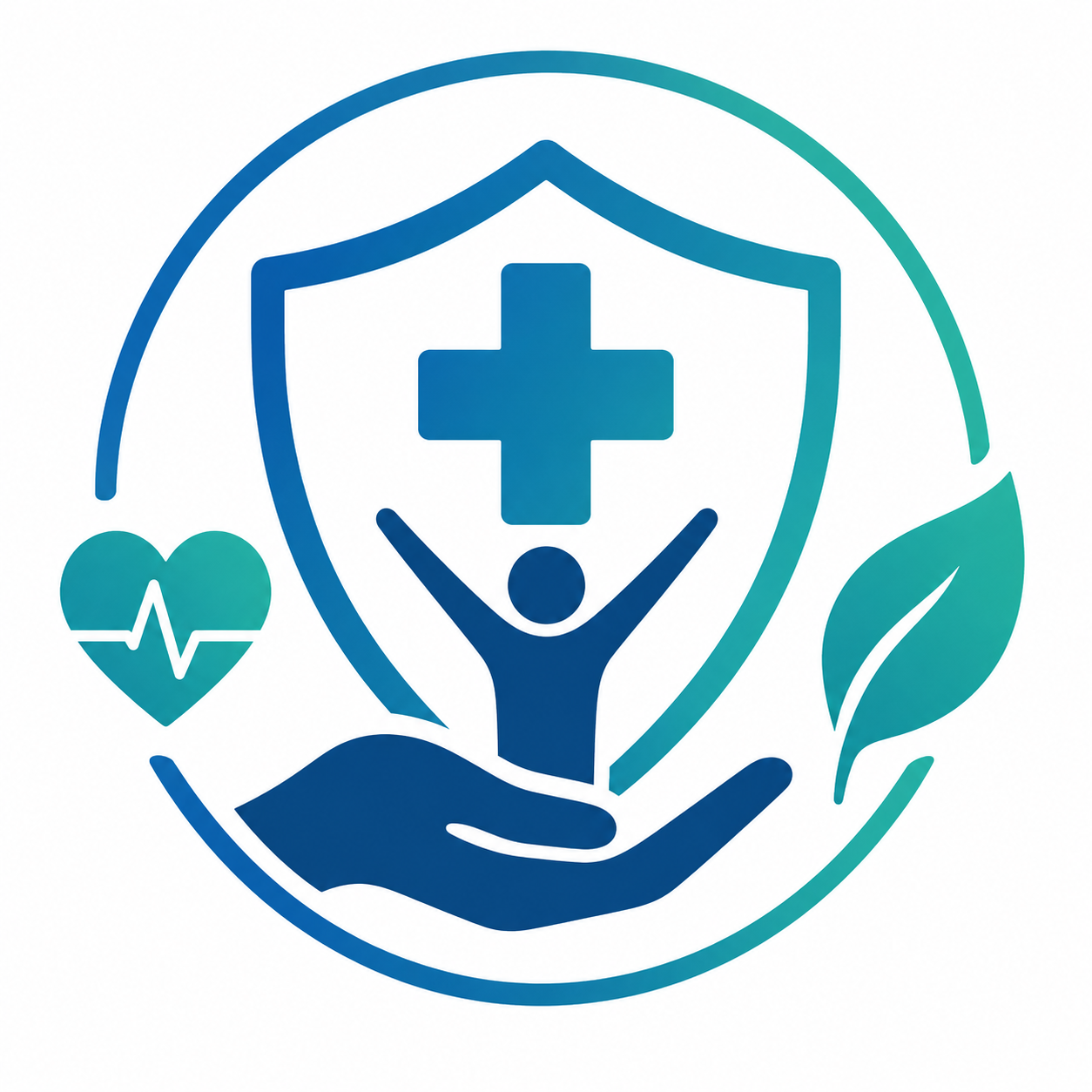 Icon with a heart, a leaf, a shield with a cross holded by a hand. Everything in a circle.