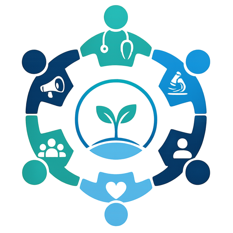 Plant sprouting surrounded by six figures holding hands