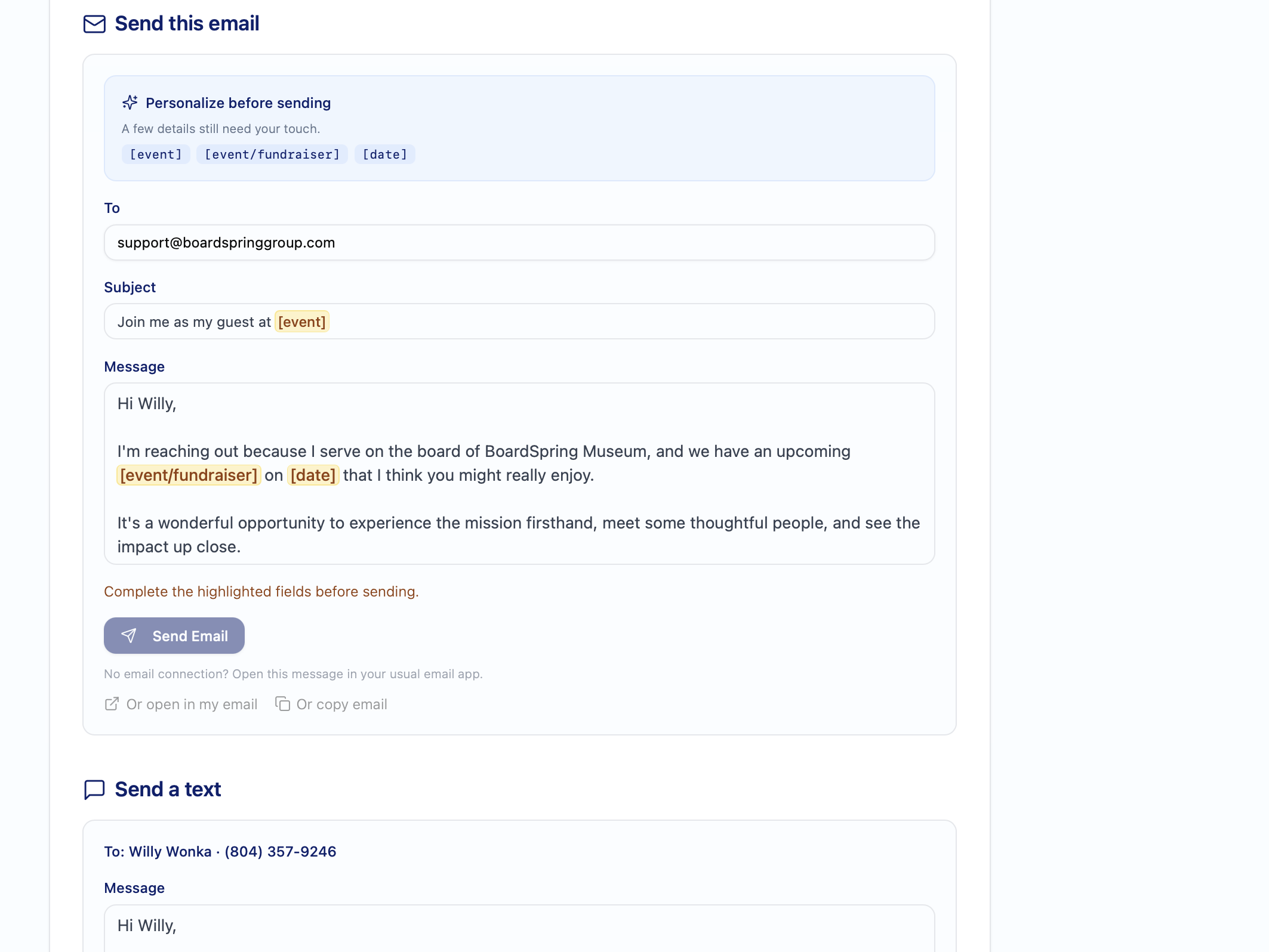 BoardSpring email invitation interface with customizable event details and outreach message.