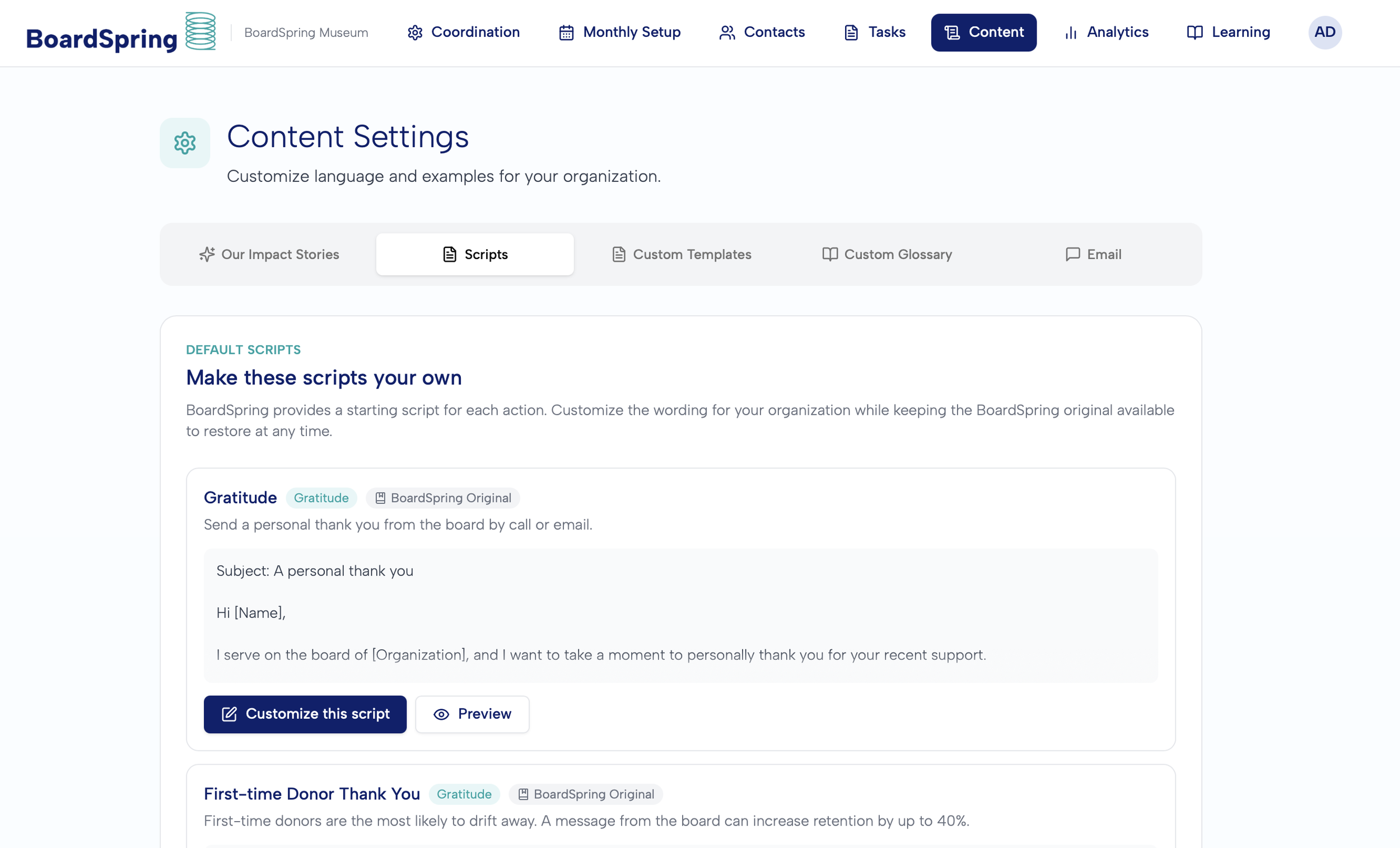 BoardSpring Content Settings page showing customizable scripts, including a Gratitude thank-you email template and First-time Donor Thank You.