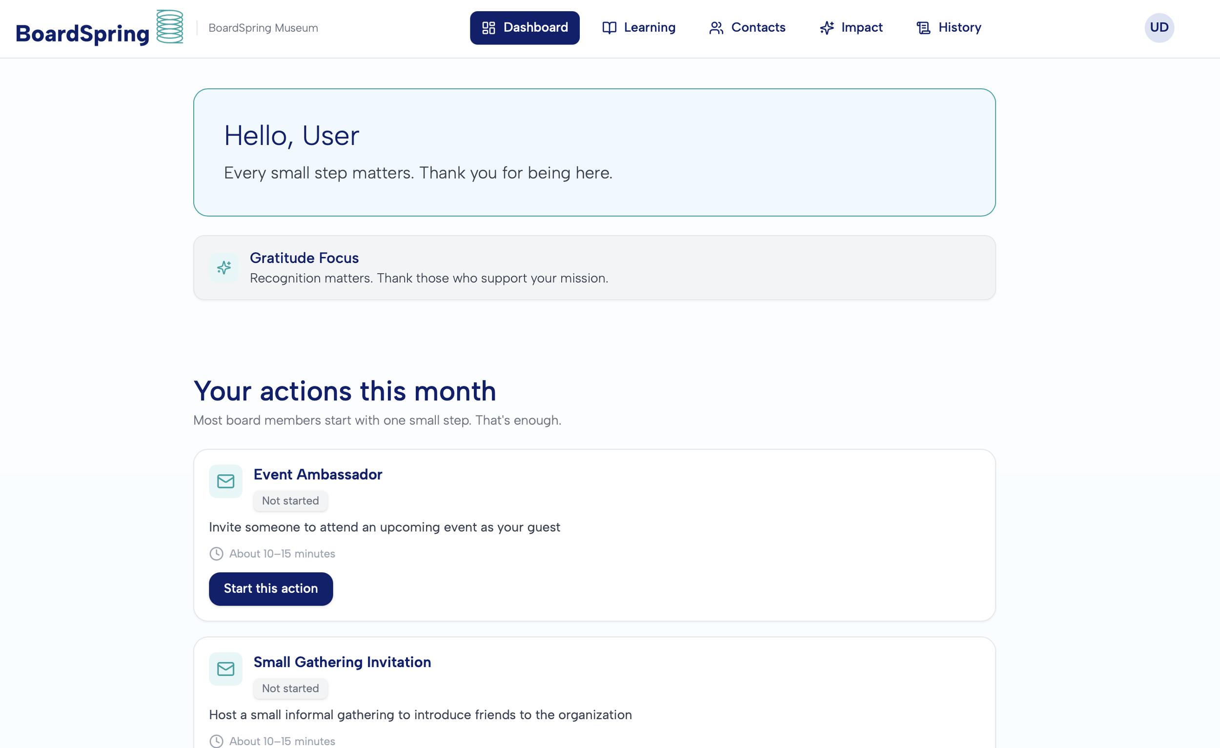 BoardSpring board member Dashboard showing gratitude focus and monthly actions, including Event Ambassador and Small Gathering Invitation tasks.