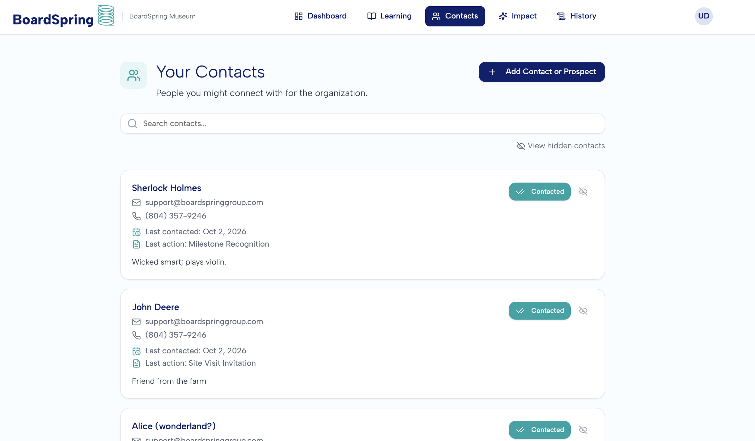 BoardSpring contact management interface showing donor and community relationship information.