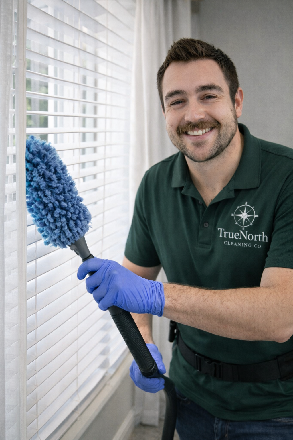 A smiling man wearing a green polo shirt with a company logo, blue gloves, and holding a vacuum cleaner attachment, cleaning white window blinds indoors.