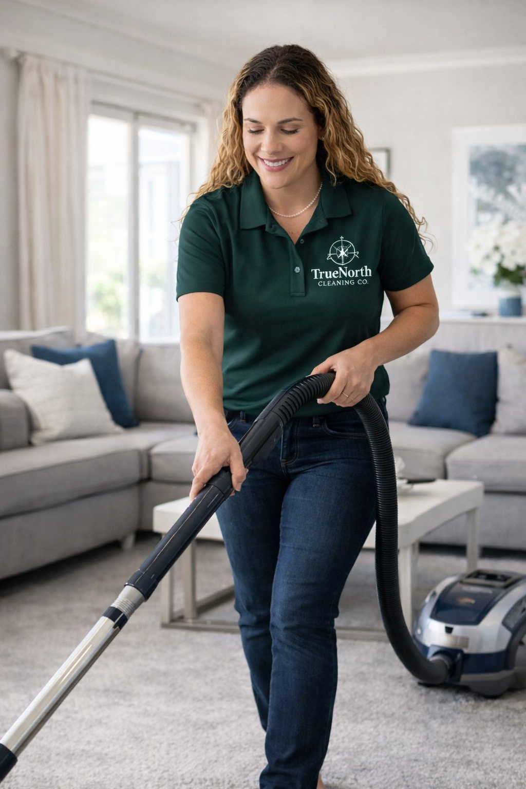 Woman in a green shirt vacuuming a living room with a vacuum cleaner.