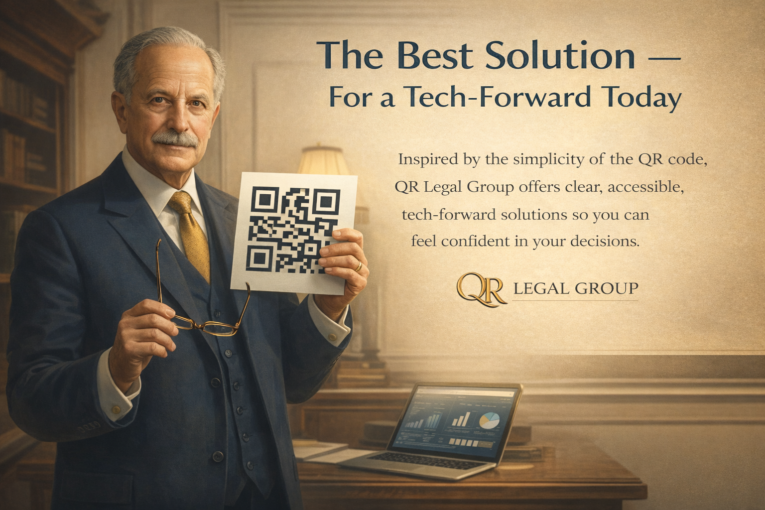 An older man in a suit holding a QR code card, standing in a room with a wooden bookshelf and a laptop displaying charts.