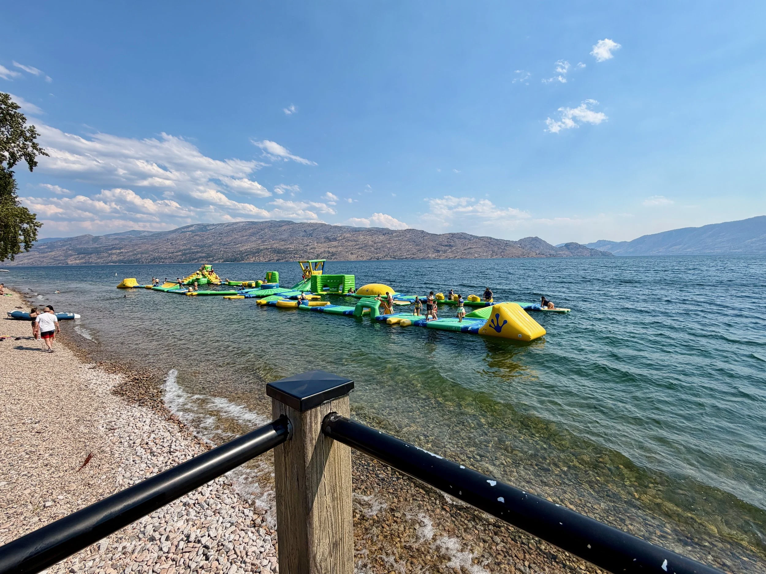 A floating adventure park brings plenty of summer activity to Okanagan Lake.