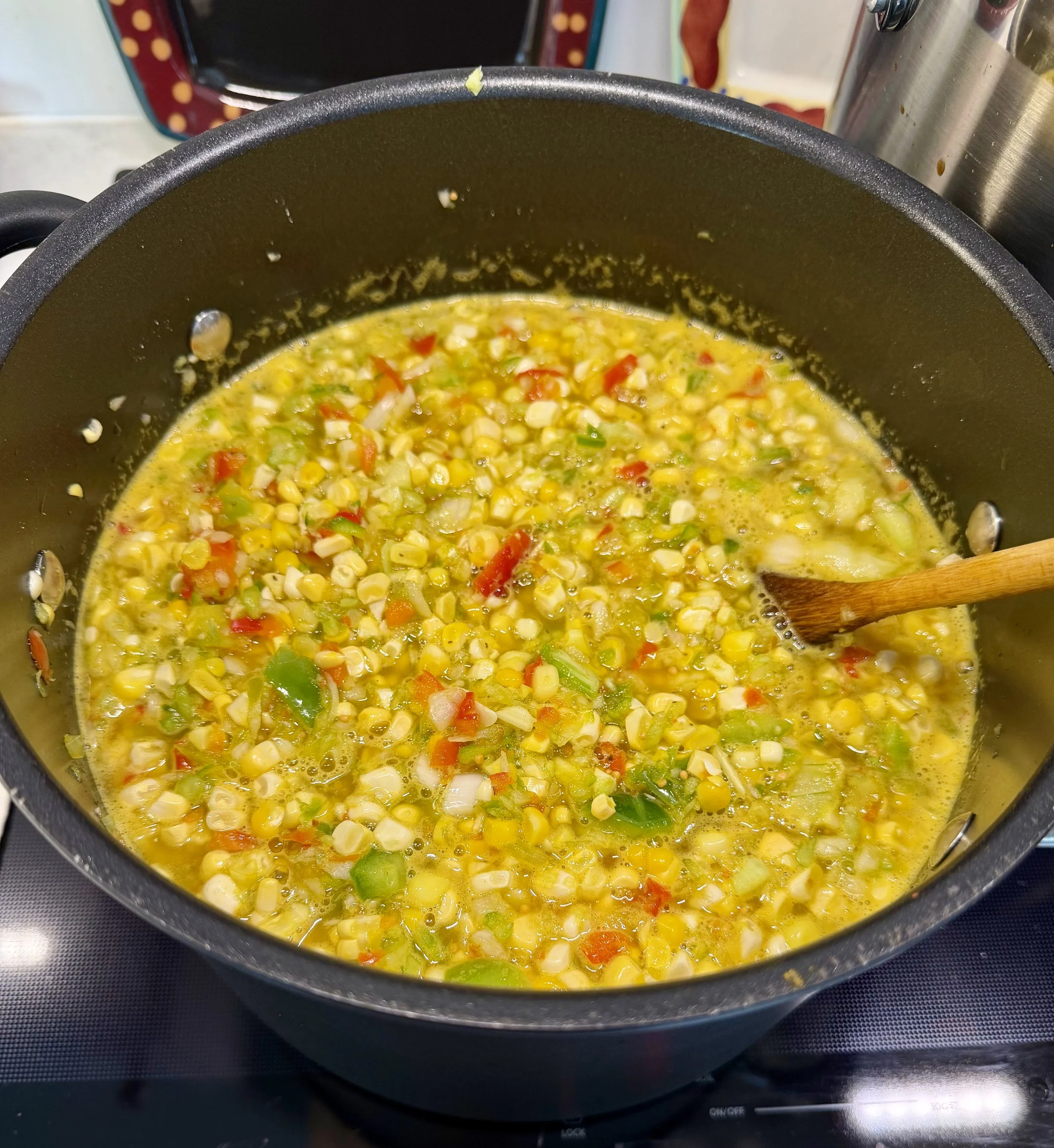 Our corn relish simmering on the stove.