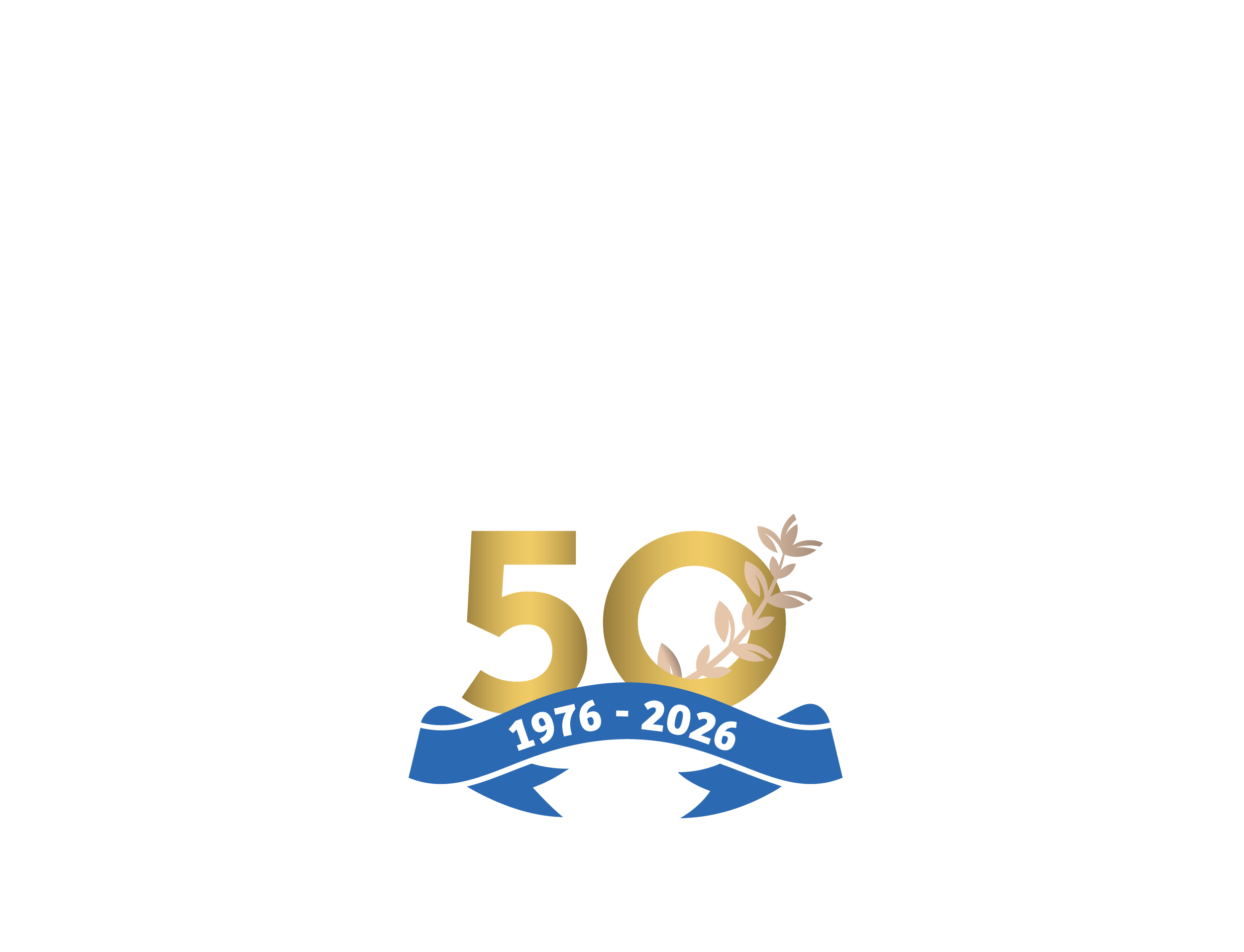 A logo featuring the number 50 in gold with a branch of leaves, a blue ribbon below with the years 1976-2026, indicating a 50th anniversary celebration.