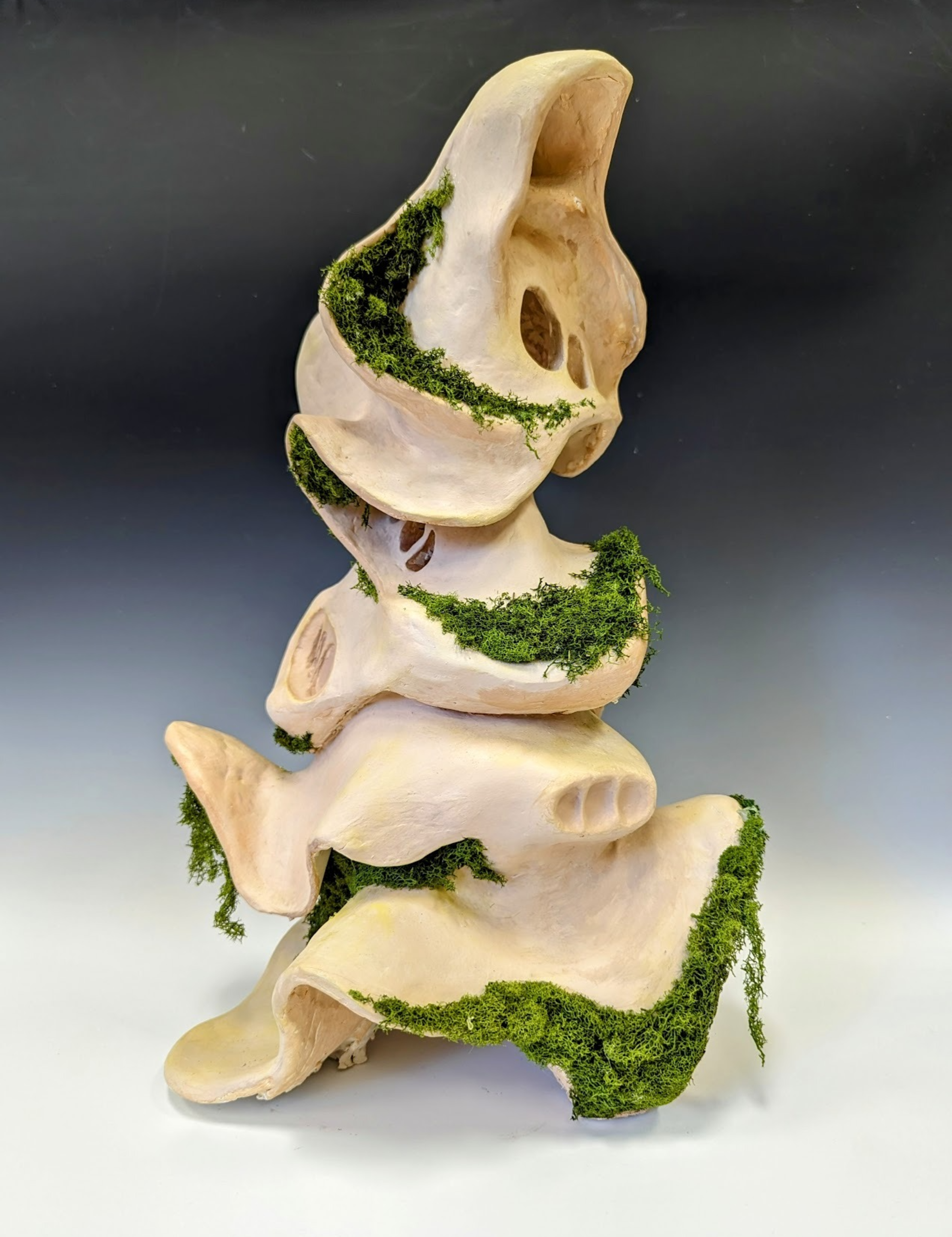 A sculpture made from animal bones, decorated with green moss.