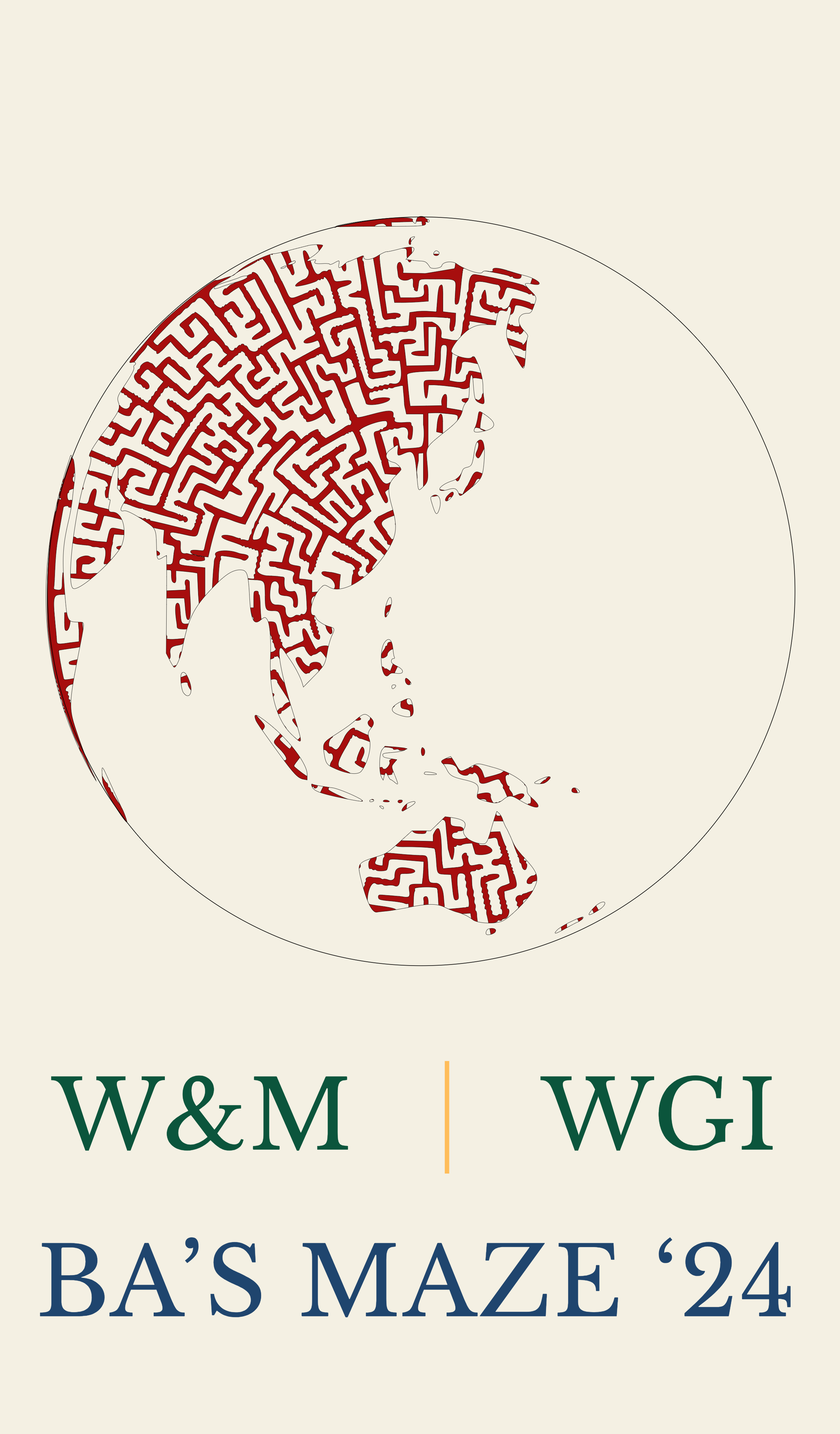 A maze in the shape of a world map, with Asia prominently featured, colored in red with white pathways, on a light background. Text below reads "W&M | WGI" and "BA'S MAZE '24" in dark green, orange, and navy blue colors.