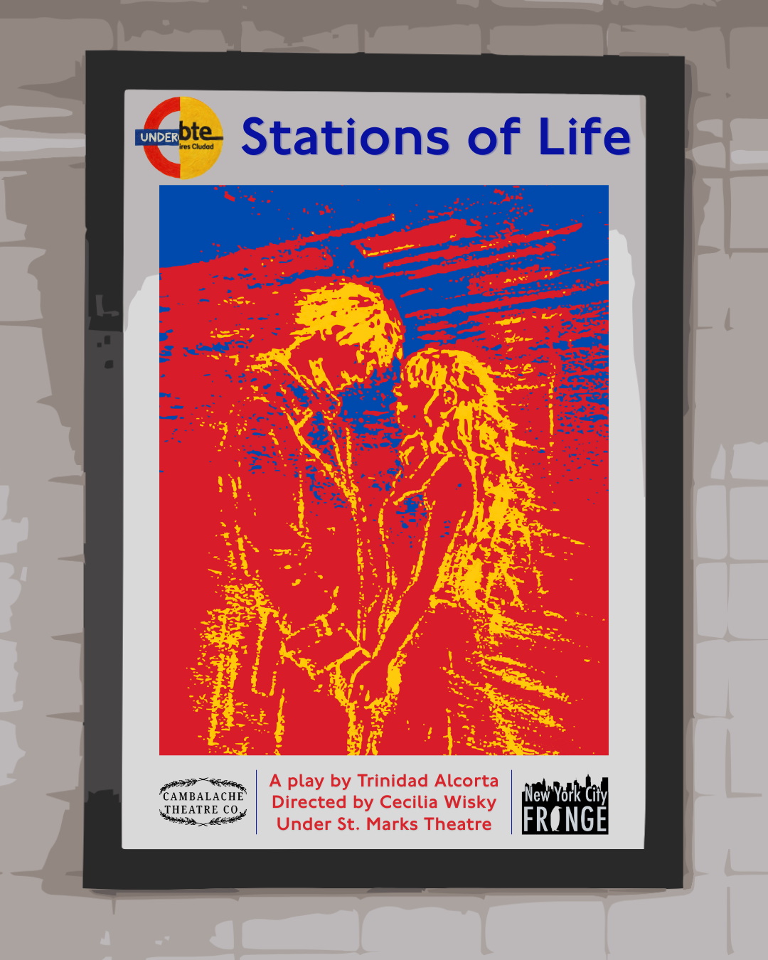 Poster for the play "Stations of Life" featuring an artwork of two people holding hands, with the title in blue, along with logos and information about the production at CamelBack Theatre and Under St. Marks Theatre in New York City.