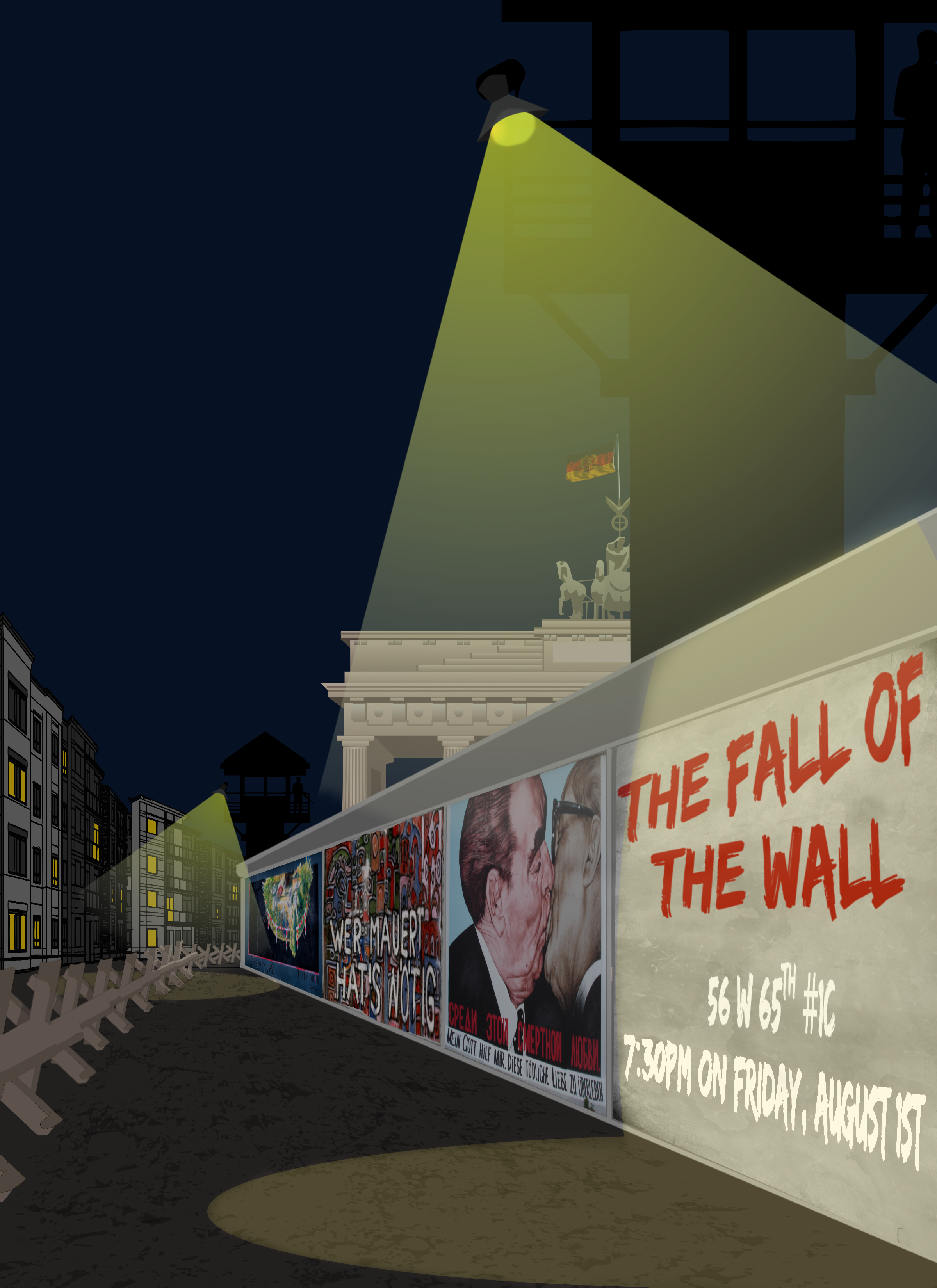 Nighttime scene of an outdoor art exhibition or festival near Berlin, featuring posters and artwork on a barrier wall, with the Brandenburg Gate illuminated in the background, and spotlights illuminating the display.