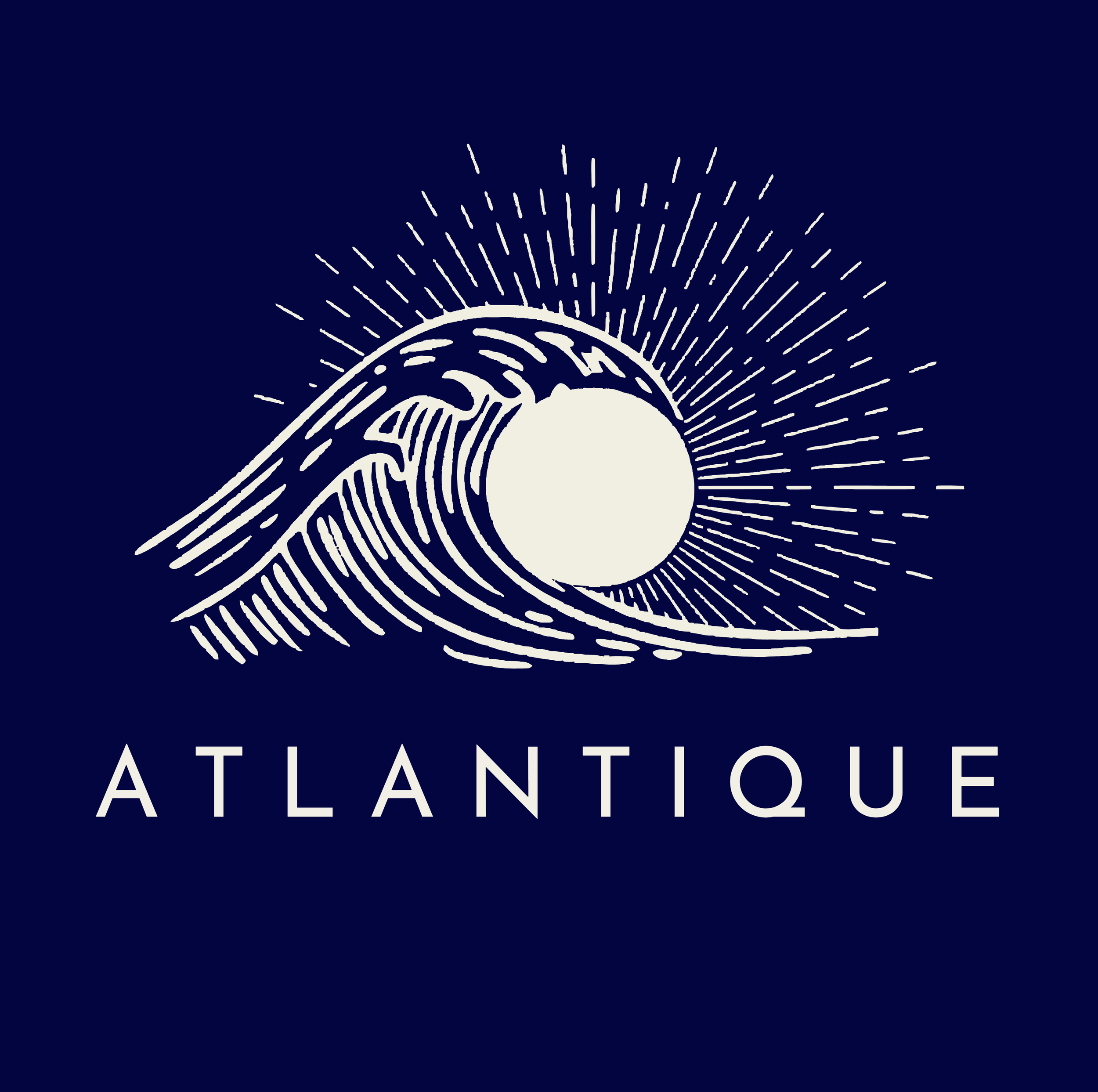 A graphic illustration of a stylized ocean wave with the sun or moon and rays behind it, and the word 'Atlantique' written below.
