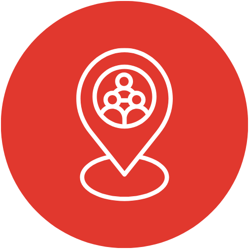 Icon of a group of people inside a location pin on a red background.