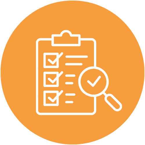 Icon of a clipboard with a checklist and magnifying glass on an orange circular background.