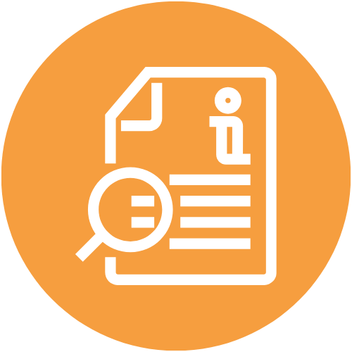 Icon of a document with a magnifying glass and an information symbol on it, on an orange background.