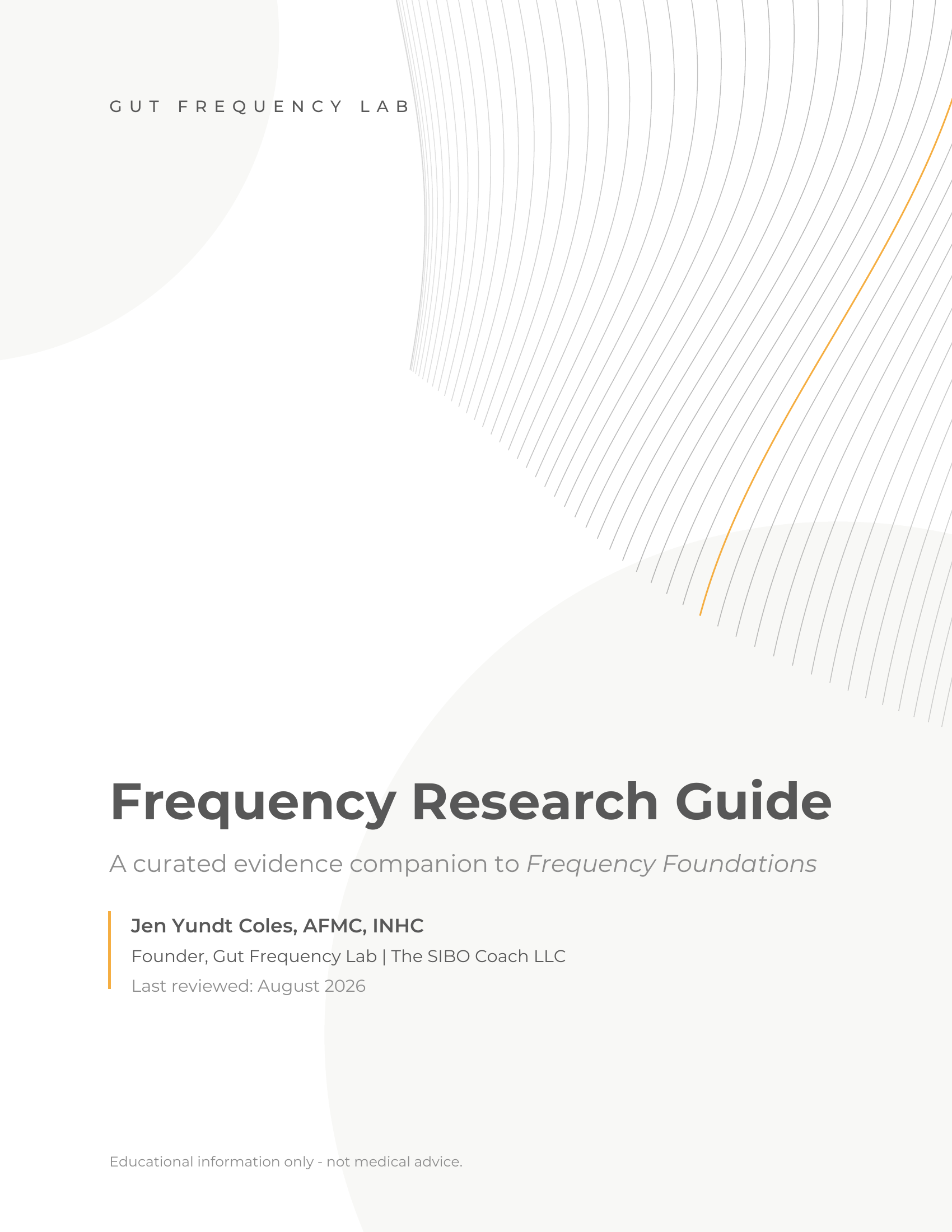 Gut Frequency Lab Frequency Research Guide cover featuring abstract frequency field lines and evidence-based wellness research by Jen Yundt Coles, AFMC, INHC