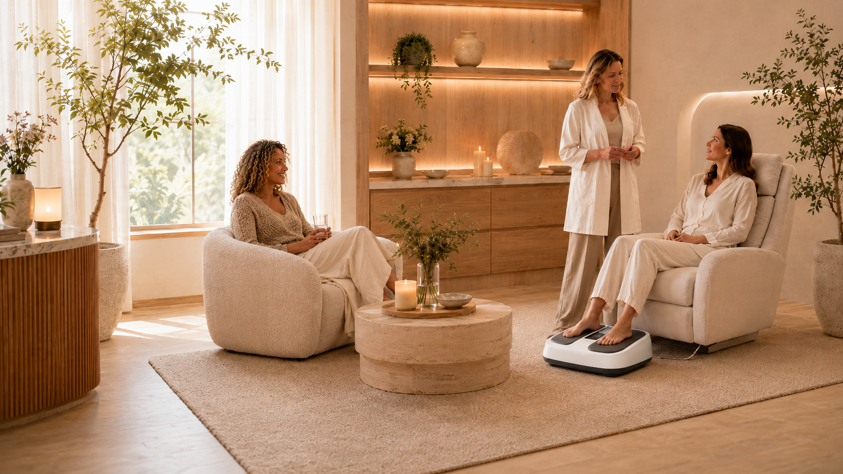 A female wellness practitioner guiding a seated client using a frequency wellness foot device in a calm, modern integrative clinic, with a second woman relaxing nearby.