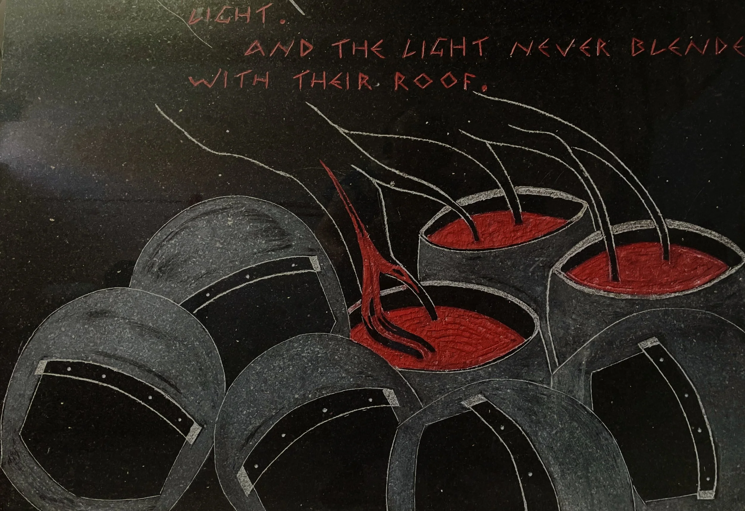 An illustration showing curved black bowls with red filling, with black lines extending upward from the filling. Red handwritten text at the top reads, 'LIGHT. AND THE LIGHT NEVER BLENDS WITH THEIR ROOF.'