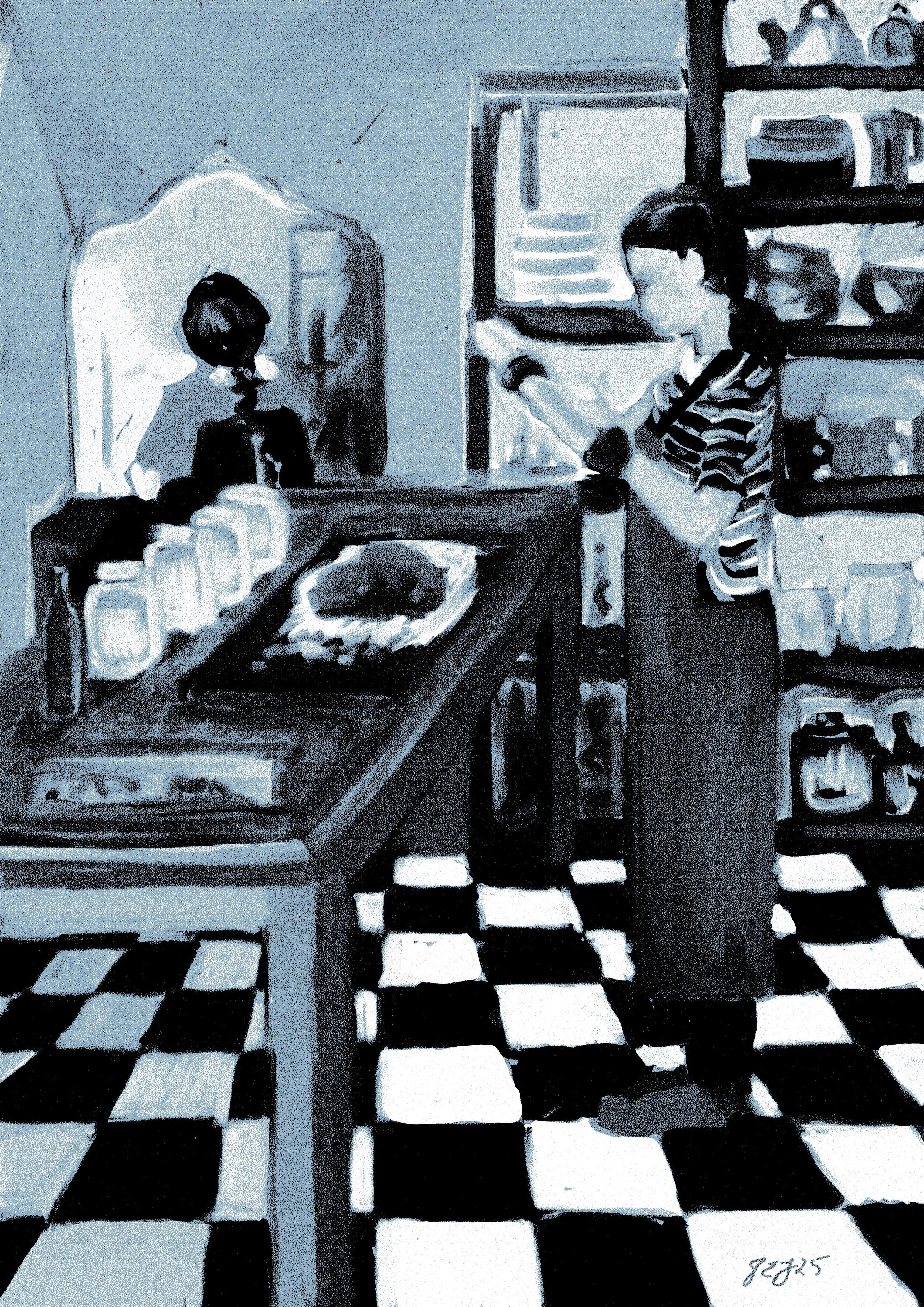 A woman and child inside a kitchen, with shelves and jars, and a checkered black-and-white floor. The woman is standing by the counter reading a book or magazine, and the child is looking at her.