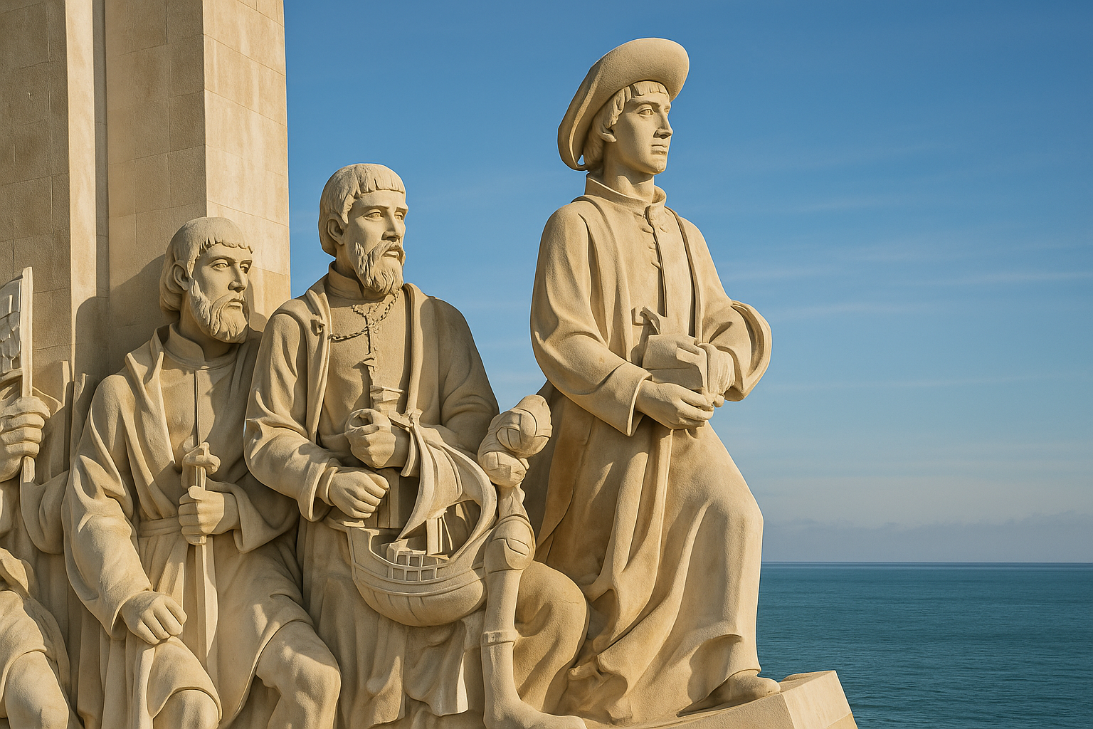 Close-up view of a marble sculpture depicting four historical figures, with the sea and blue sky in the background.