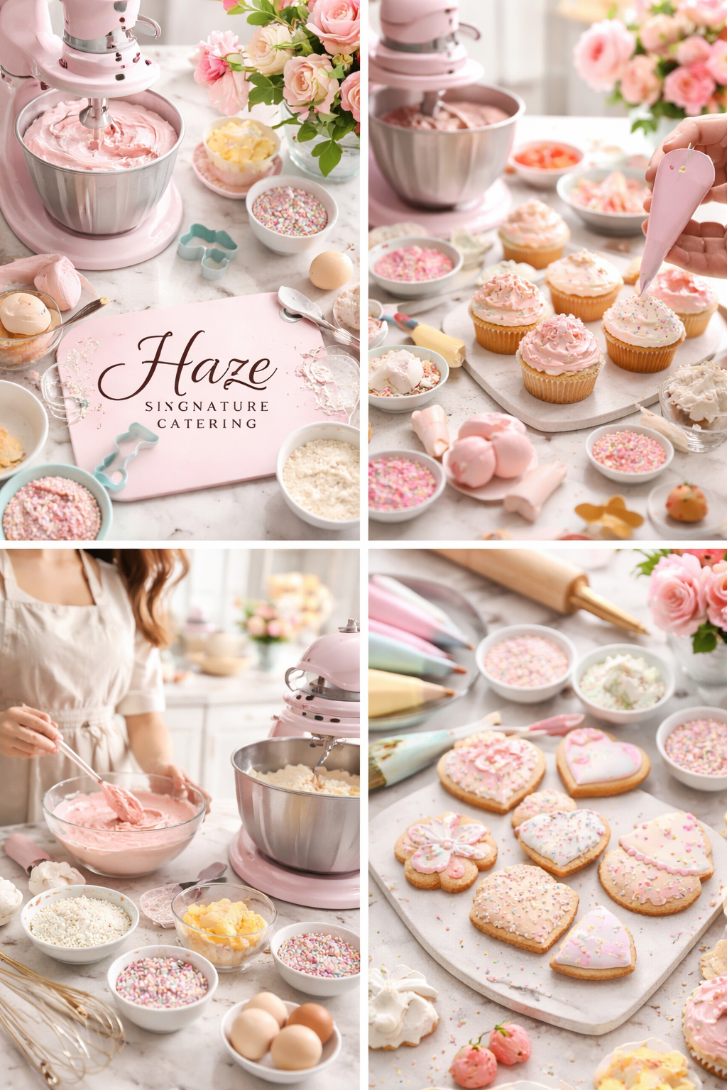 A bakery kitchen with pink and white decorated cupcakes, cookies, sprinkles, cake batter, and decorating tools, with a woman preparing pink frosting.