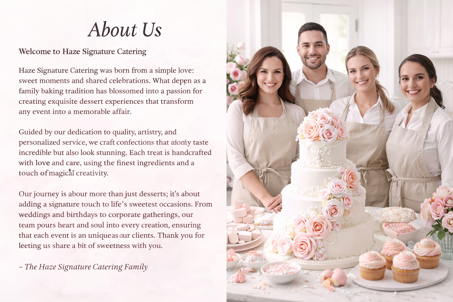 A group of four women and one man wearing beige aprons, standing in a bright kitchen near a decorated cake with pink roses, cupcakes, and other desserts, smiling