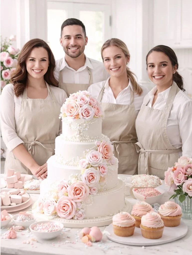 Four people in aprons smiling behind a three-tiered white wedding cake decorated with pink roses, alongside cupcakes, marshmallows, and sprinkles on a table in a bright kitchen.