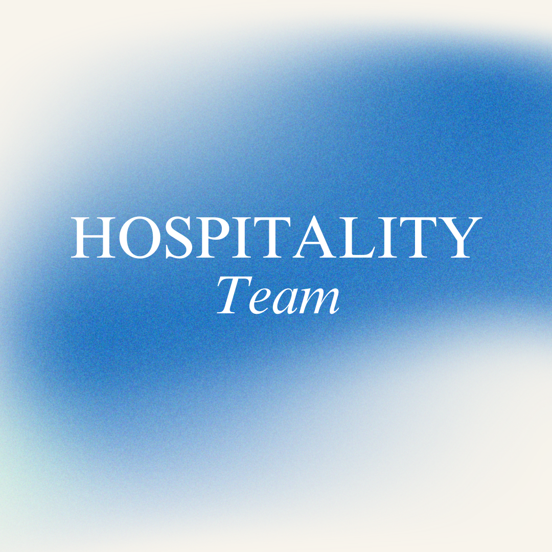 Graphic design with the text 'Hospitality Team' in white, set against a blue and white gradient background.