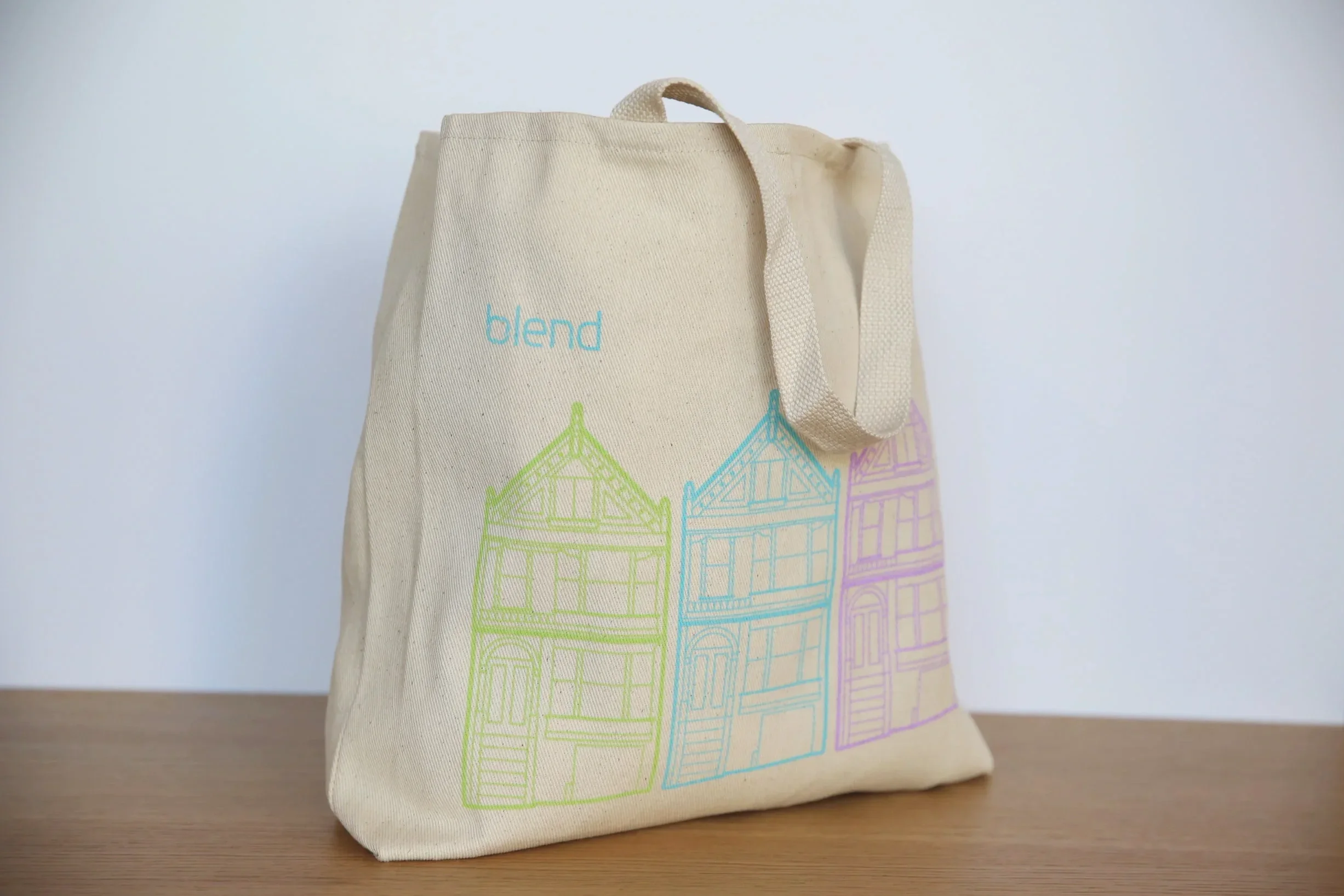 Tote designed for Blend Labs recruiting events, including Grace Hopper and Lesbians Who Tech (front).