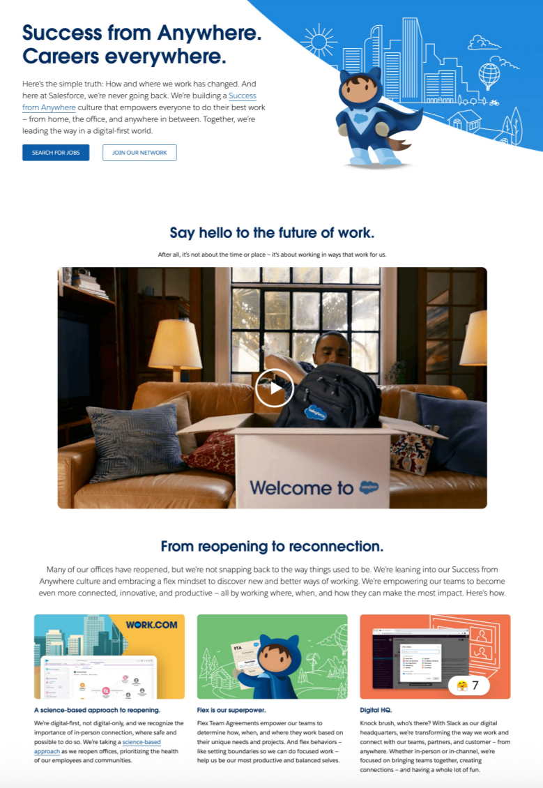 Salesforce "Success from Anywhere" Campaign // I built a new landing page highlighting Salesforce's remote work opportunities and policy.