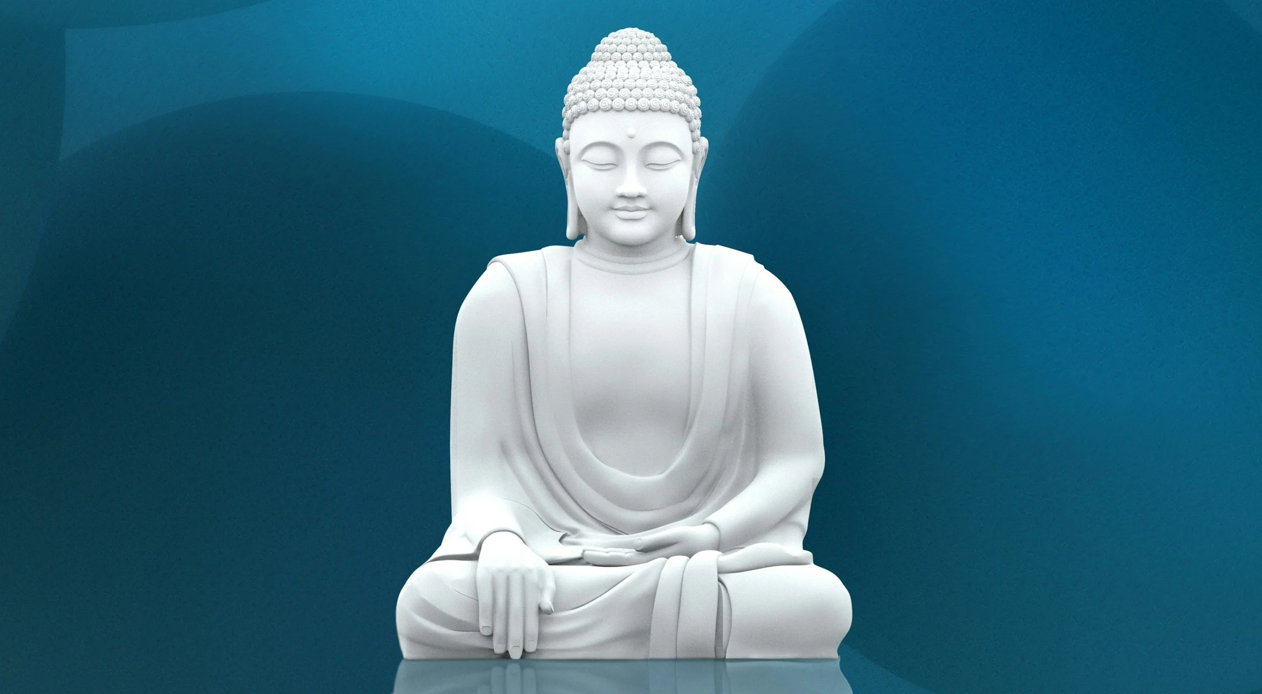 White Buddha statue seated in meditation pose with a serene expression on a blue background.