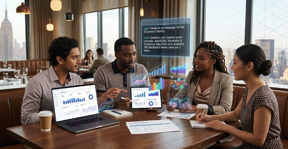 Diverse team of business professionals collaborating on digital marketing analytics, reviewing data dashboards, graphs, and SEO performance in a modern conference room.
