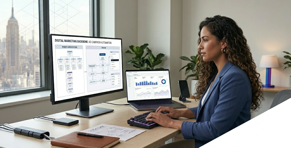 Businesswoman analyzing SEO performance, digital marketing analytics, and website traffic data on dual monitors in a modern office.
