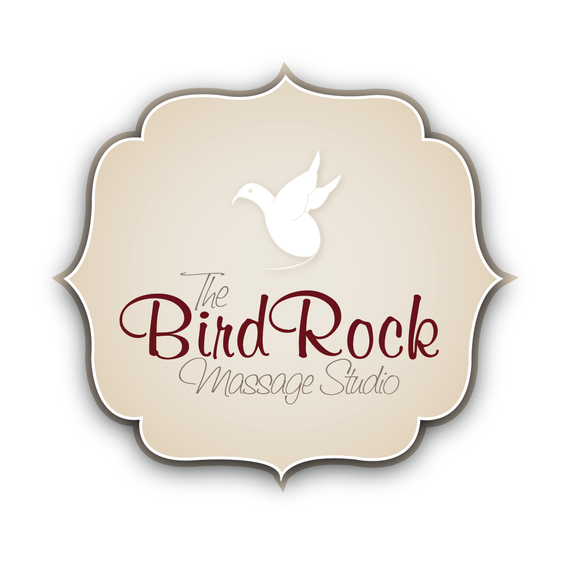 Logo for The Bird Rock Massage Studio featuring a white bird silhouette and elegant script text on a beige background.