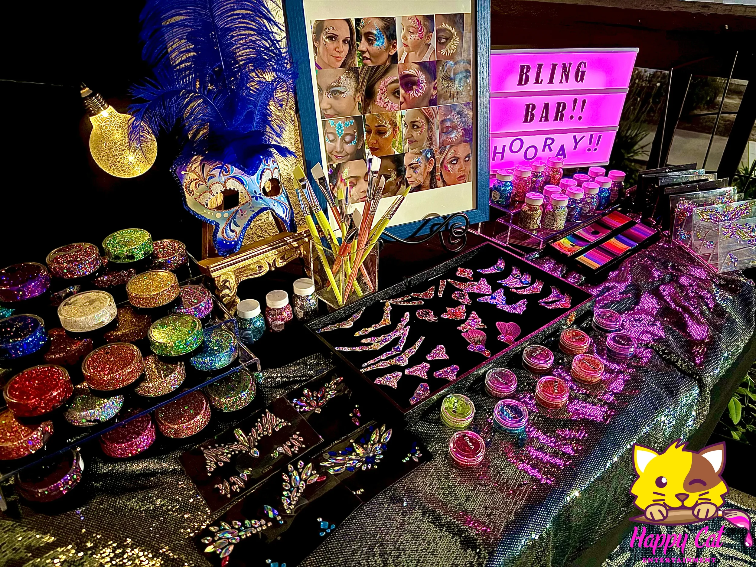 Vibrant glitter bar setup with decorations and sparkles for events in San Diego, CA.