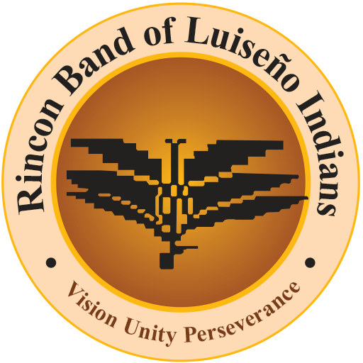 Logo of the Rincon Band of Luiseño Indians featuring a stylized feather design within a circular band, with the words "Rincon Band of Luiseño Indians" and the motto "Vision Unity Perseverance."