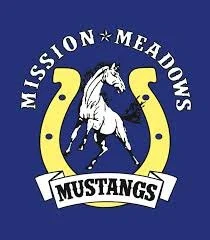 Logo with a white horse in the center, surrounded by a blue and yellow circular background, featuring a horseshoe and the words 'Mission Meadows Mustangs'.