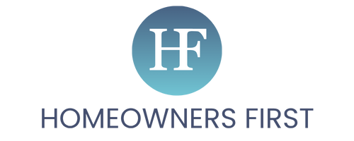 Logo for Homeowners First featuring a blue circular emblem with 'HF' initials and the company name below.